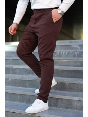 Masso Moda Erkek Bel Yarım Lastikli Kemerli Double Paça Dabıl Face Kumaş Slim Fit Pantolon