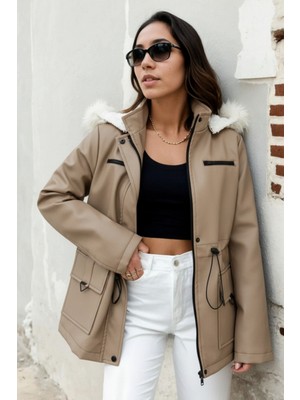 Hiramir Kadın Deri Kapüşonlu Peluş Astarlı Mont Bej KS2527