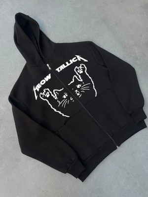 Gökyüzü Moda Kışlık Baskılı Fermuarlı Kapüşonlu Hırka - Siyah