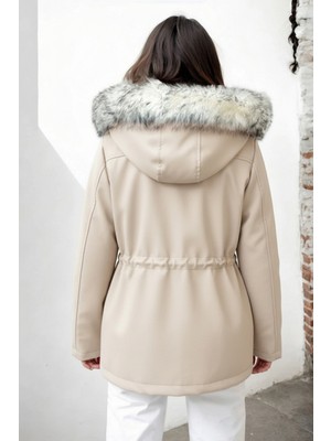 Hiramir Kadın Deri Kapüşonlu Peluş Astarlı Mont Bej KS2527