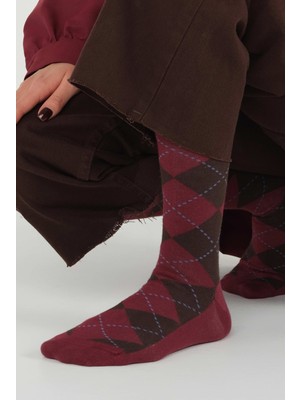 HE-QA Baklava Desen Diz Altı Çorap Bordo-Acı Kahve