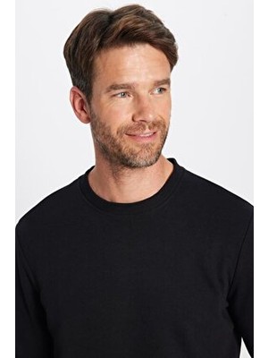 Tudors Unisex Relax Fit Rahat Kesim Pamuklu Yumuşak Dokulu Içi Polarlı Basic Siyah Bisiklet Yaka Sweatshirt