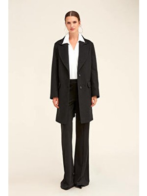 Hatemoğlu Saykı Woman Siyah Regular Fit Ceket Yaka Kaşe Oversize Manto