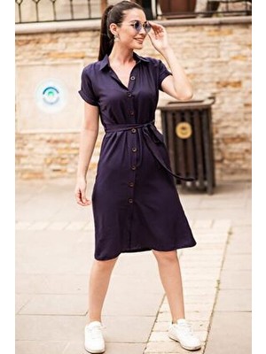 Armonika Kadın Lacivert Beli Kemerli Kısa Kol Gömlek Elbise ARM-19Y001068