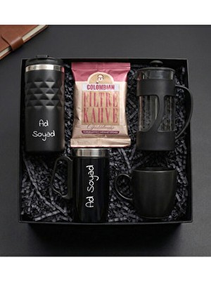 Kişiye Özel Geometrik Termos & Bardak Termos & French Press & Siyah Kupa & Filtre Kahve Hediye Seti