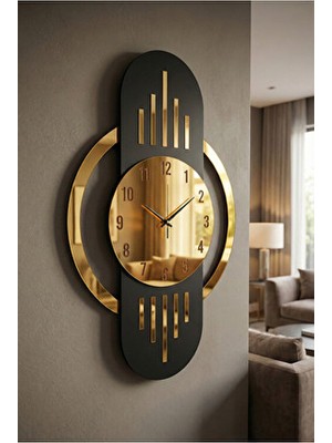 AA Shop 70CM Siyah Renk Gold Altın Detaylı Sayılı Hediyelik Ahşap Dekoratif Sessiz Büyük Boy Duvar Saati