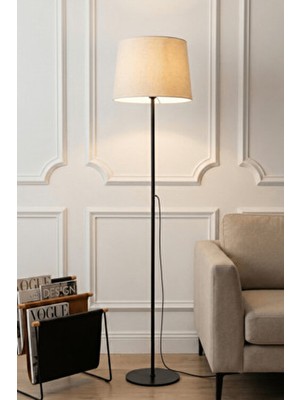 Marrien Cora Siyah Metal Ayaklı Lambader 145 cm Bej Kumaş Başlıklı Modern Salon Aydınlatma
