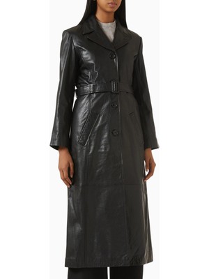 Maje Gileather Siyah Deri Kemerli Trench Coat, Zarif ve Zamansız Stil