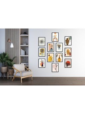 M&H Quality 12 Parça Bohem Galeri Duvarı Mdf Tablo Seti Iskandinav Soyut & Botanik | Delmeden Kolay Montaj