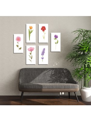 M&H Quality 6’lı Suluboya Çiçek Tablo Seti | Minimal Botanik | Beyaz Zemin | Modern Vintage Duvar Dekoru