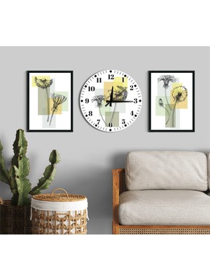 M&H Quality Modern Çizgisel Sanat 3'lü Duvar Dekoru Seti (2 Tablo + 1 Saat) | Pastel Tasarım | Sessiz Mekanizma