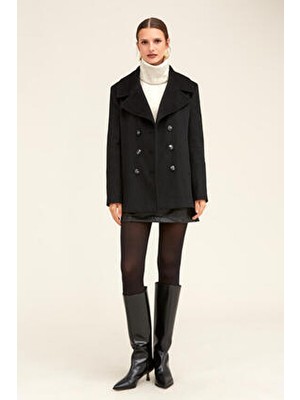 Hatemoğlu Saykı Kadın Siyah Dinamik Fit Kruvaze Kaşe Yünlü Manto Uzun Kol Düz Desen