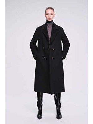 Hatemoğlu Saykı Woman Siyah Dinamik Fit Ceket Yaka Kaşe Yünlü Manto