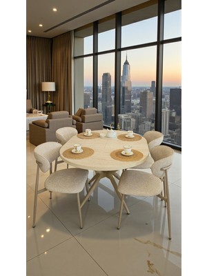 Fursimo Arba Seri Yuvarlak Mdf Yemek Masası Takımı – 4 Sandalyeli | Krem Traverten Desen 1. Sınıf Membran Kaplama | Metal Ayak | 100 → 140 cm Açılabilir