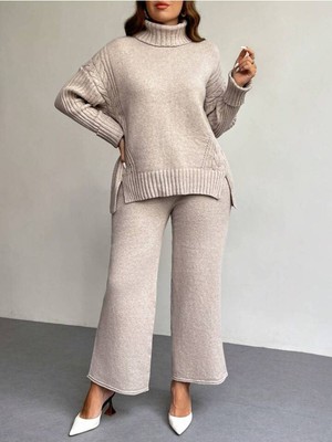 Newco Kadın Fitilli Yaka Saç Örgü Desenli Yanlardan Yırtmaçlı Triko Takım Antrasit