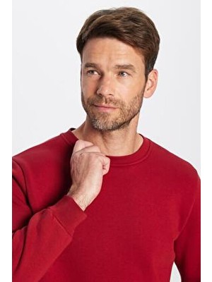 Tudors Unisex Relax Fit Rahat Kesim Pamuklu Yumuşak Dokulu Içi Polarlı Basic Bordo Bisiklet Yaka Sweatshirt