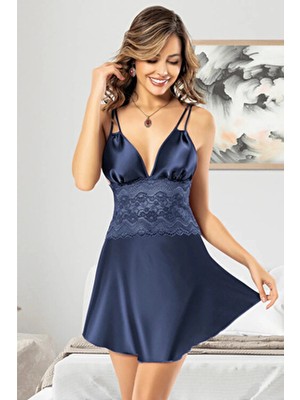 Nurteks Lacivert Saten Gecelik Kadın V Yaka Askılı Normal ve Büyük Beden 5428 Dokuma Kumaş