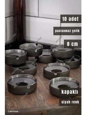 Mutsan 10'lu Siyah Paslanmaz Çelik Kapaklı Küllük Seti | 8 cm 430 Kalite Kültablası | Restoran, Kafe ve Otel