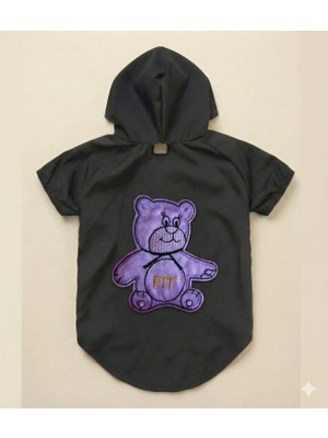 Patilemece Mor Ayı Desenli Siyah Kapüşonlu İçi Polar Su Geçirmez Yağmurluk