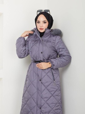 Kmk Kombin Kadın Su Geçirmez Uzun Kürklü Kapüşonlu Belden Büzgülü Kapitone Mont Kaban