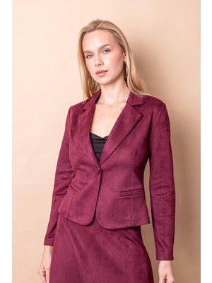 Jument Hafif Likralı Süet Kumaş Flato Cepli Uzun Kol Kısa Blazer Ceket-Bordo
