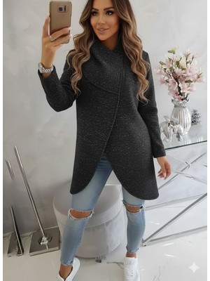 Afri Kırçıllı Siyah Kadın Asimetrik Fermuarlı Oversize Kapüşonlu Sweatshirt – Kalın Kumaş – Rahat Günlük Tarz