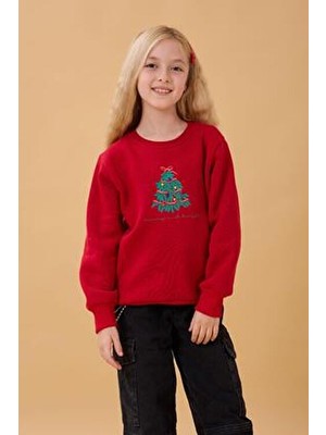 Perendi Kız Çocuk Bisiklet Yaka Nakış Detaylı Kışlık Sweatshirt – Kırmızı