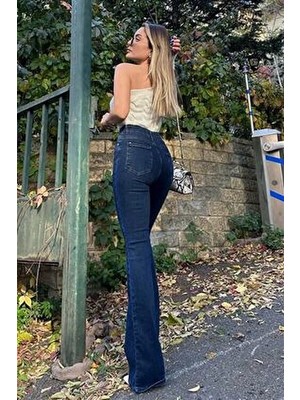 Trn JNS Eva Ispanyol Paça Koyu Mavi Flare Süper Yüksek Bel Kadın Jeans Pantolon