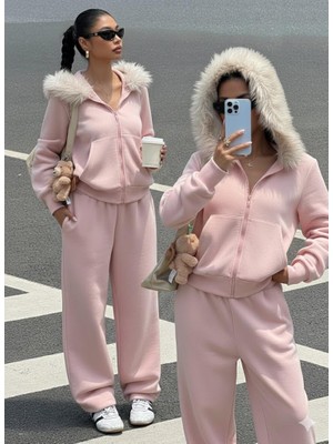 Afri Pembe Fermuarlı Kapüşonlu Sweatshirt Eşfoman Takımı – Kürklü Kapüşon, Cepli, Rahat Kalıp