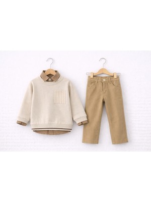 Selvira Erkek Çocuk Bej 3’lü Kombin Set | Sweatshirt + Pantolon + Gömlek | Günlük & Şık Takım