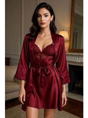 Veloura Desire Bordo Saten Sabahlıklı Dantel Gecelik Seti Kadın Askılı Düz Desenli Şık Tasarım