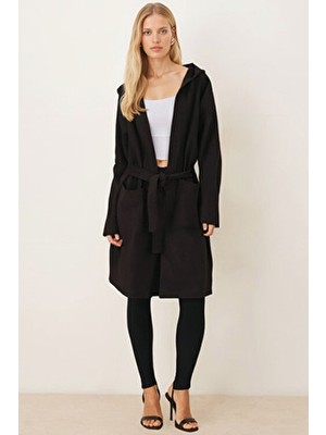 Armonika Kadın Kahve Beli Kuşaklı Cepli Kapüşonlu Oversize Kaşe Kaban ARM-26K001025