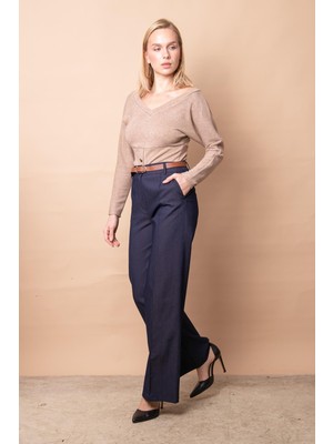 Jument Kadın Hafif Likralı Kot Kumaş Yüksek Bel Yan Cepli Dikişli Boyfriend Pantolon-Lacivert