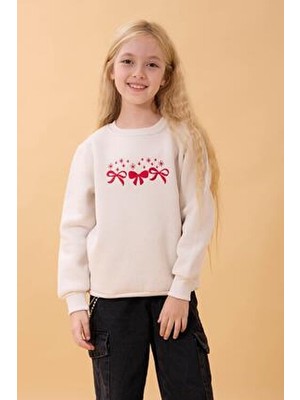 Perendi Kız Çocuk Bisiklet Yaka Fiyonk Nakışlı Sweatshirt Taş