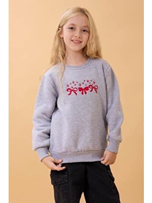 Perendi Kız Çocuk Bisiklet Yaka Fiyonk Nakışlı Sweatshirt Gri Melanj