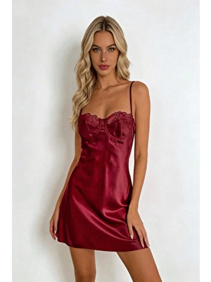 Gece İncisi Göğüs Dantel Detaylı Saten Gecelik