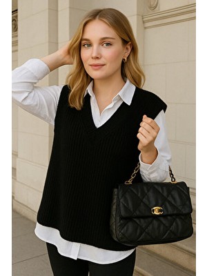 Wappa Kadın V Yaka Siyah Süveter Kolsuz Yırtmaçlı Oversize Süveter