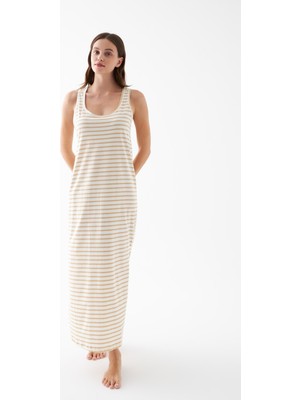 Akbeniz Kadın Sarı Çizgili Askılı Uzun Gecelik