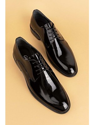 Gondol Erkek Hakiki Deri Klasik Damat Ayakkabı Siyah Rugan Neolit Taban ile Şık Tasarım