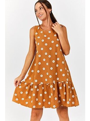 Armonika Kadın Vizon Papatya Desen Kolsuz Eteği Fırfırlı Elbise ARM-22Y001123