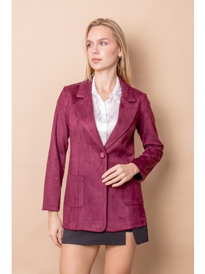 Jument Kadın Hafif Likralı Süet Kumaş Cep Detaylı Düğmeli Blazer Hafif Uzun Ceket-Bordo