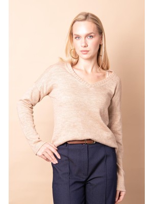 Jument Kadın Triko V Yaka Uzun Kol Yırtmaçlı Kazak Bluz-Bej