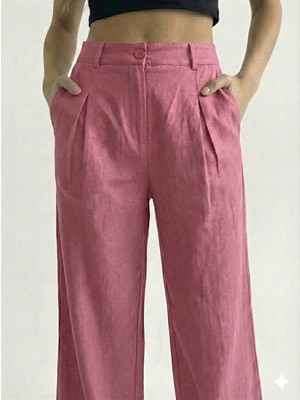 Ribana Classic Kadın Yazlık İnce Kumaş Rahat Kesim Regular Kesim Bol Paça Cepli Düz Keten Palazzo Pantolon 2513