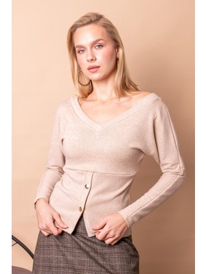 Jument Kadın Triko Ön Arka V Yaka Yarasa Uzun Kol Düğmeli Bluz -Bej