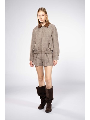 Thalure Kadın Kahverengi Pötikare Bomber Ceket