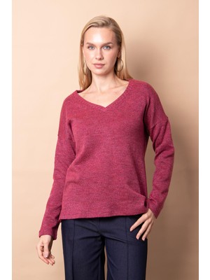 Jument Kadın Triko V Yaka Uzun Kol Yırtmaçlı Kazak Bluz-Vişne