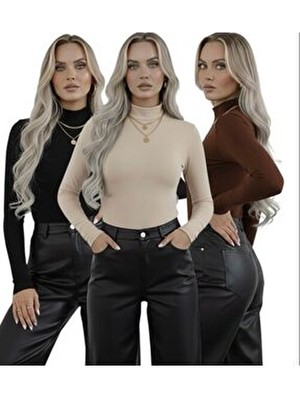 Hashtag Kadın Balıkçı Yaka Uzun Kollu Body 3'lü Set Viskon Kumaş