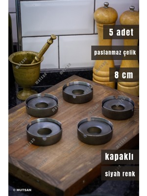 Mutsan 5'li Siyah Paslanmaz Çelik Kapaklı Küllük Seti | 8 cm 304 Kalite Kültablası | Restoran, Kafe ve Otel