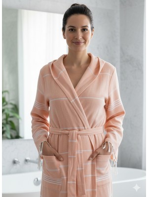 Luna %100 Pamuk Peştemal Bornoz Kapüşonlu Unisex- Somon