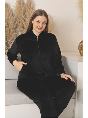 Asel Büyük Beden Yeşil Renk Cepli Kapşonlu Likralı Kadife Takım